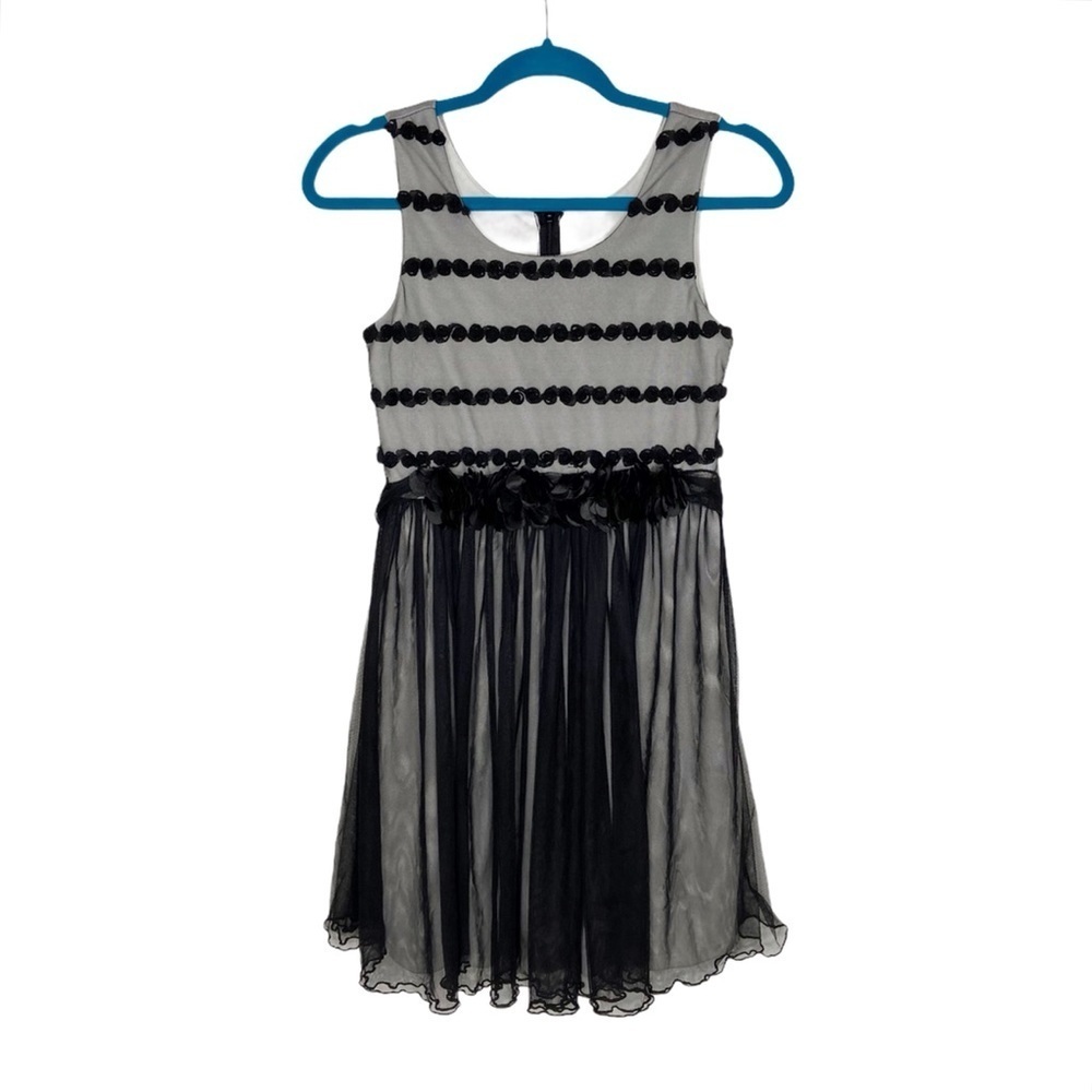 Bonnie Jean Black Chiffon Overlay Sleeveless Floral Tie Waist Holiday Dress